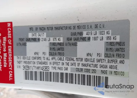 2017 Mazda Mazda3 Touring из США, поврежденный, VIN 3MZBN1V71HM148363